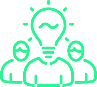 Green icon of three people with a lightbulb above, representing expertise and knowledge