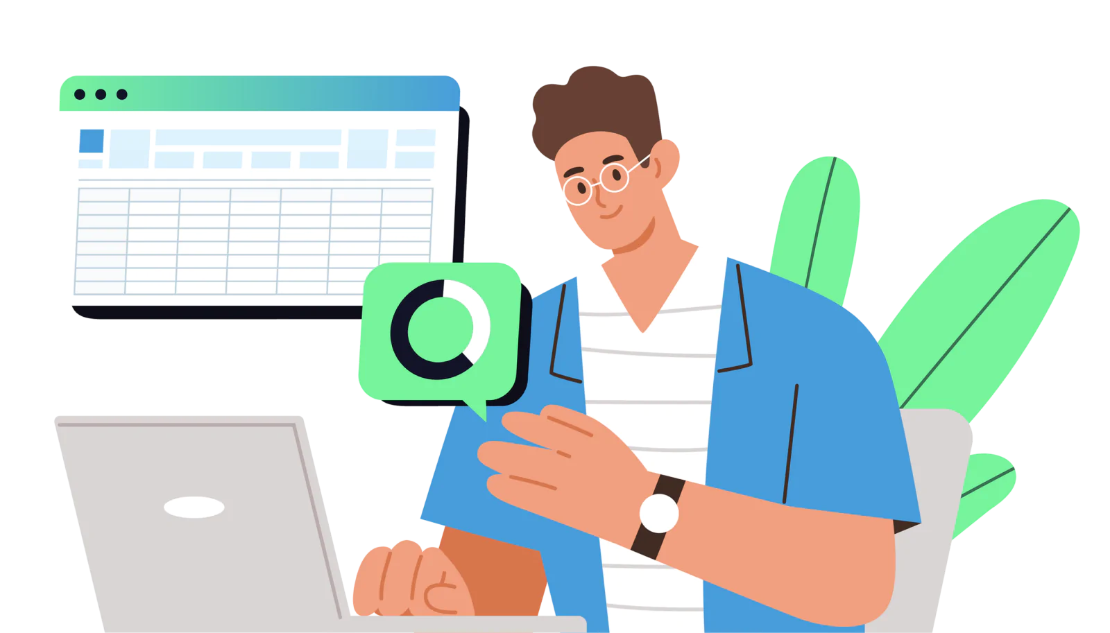Illustration of a person working on a laptop with a spreadsheet and Quintadena logo