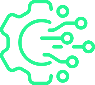 Green icon of a gear with circuit-like connections, representing advanced software integrations