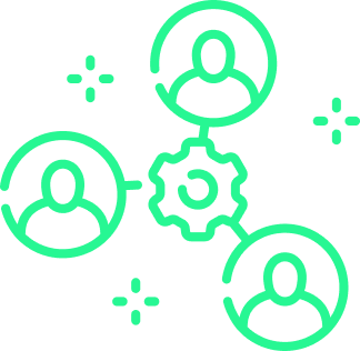 Green icon of connected gears and people, representing scalability for various business sizes