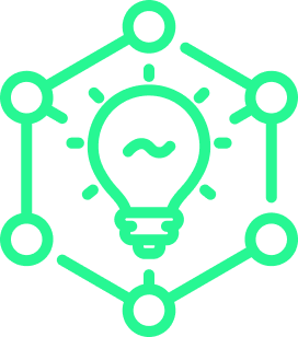 Green icon of a network with a lightbulb in the center, indicating efficient system setup and support