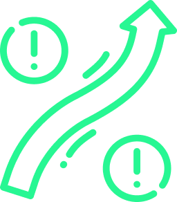 Green icon of a curved arrow with exclamation marks, representing optimized sales processes