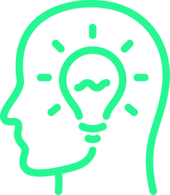 Green icon of a human head with a lightbulb inside, symbolizing knowledge and training