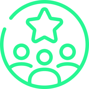 Green icon of a group of people with a star above, representing a strong customer base and trust