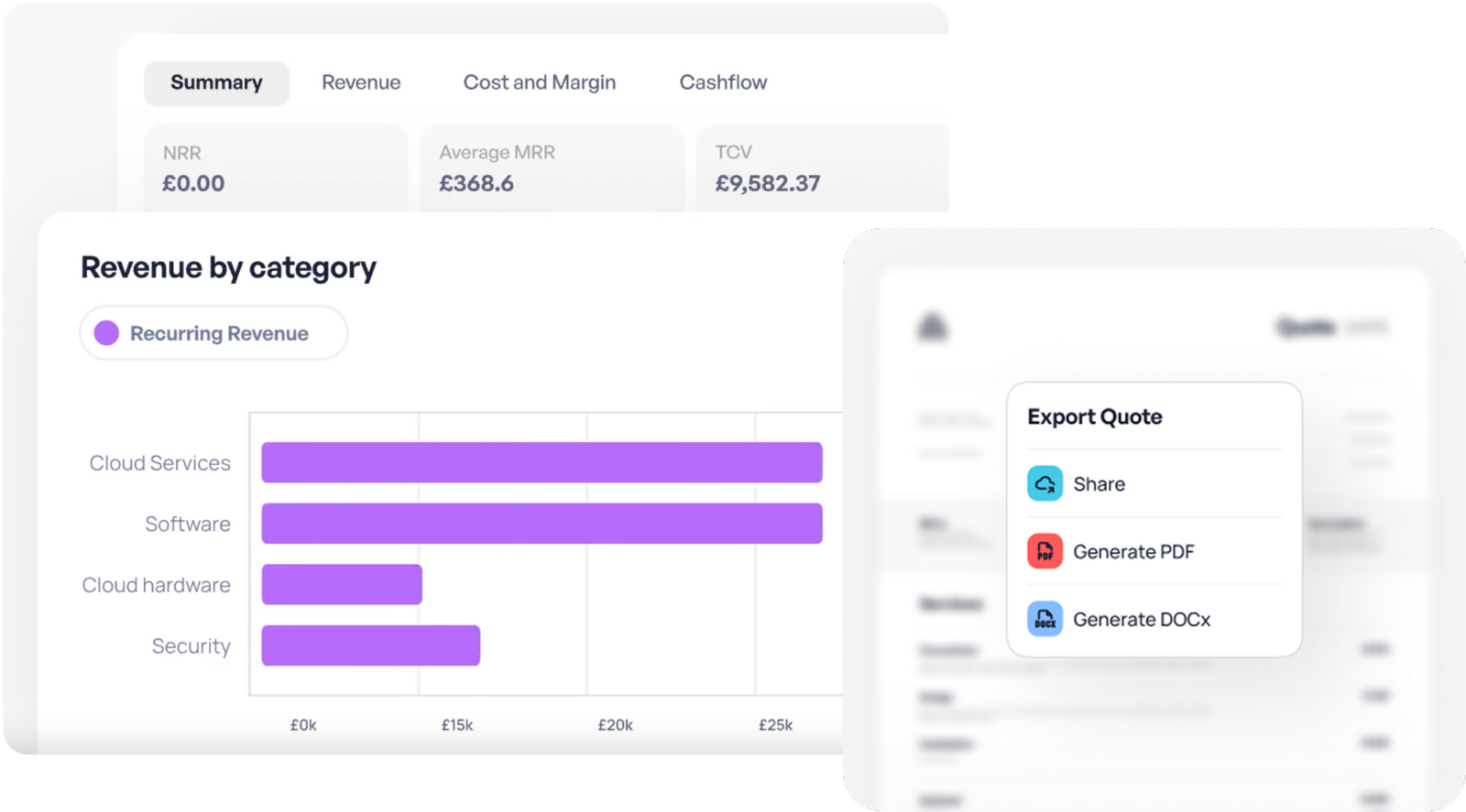 servicePath dashboard displaying revenue summary with tabs for Revenue, Cost and Margin, and Cashflow, showing metrics such as Average MRR and TCV. Bar chart showing revenue by category with purple bars for Cloud Services, Software, Cloud Hardware, and Security under 'Recurring Revenue’ Export Quote menu showing three options: Share, Generate PDF, and Generate DOCx