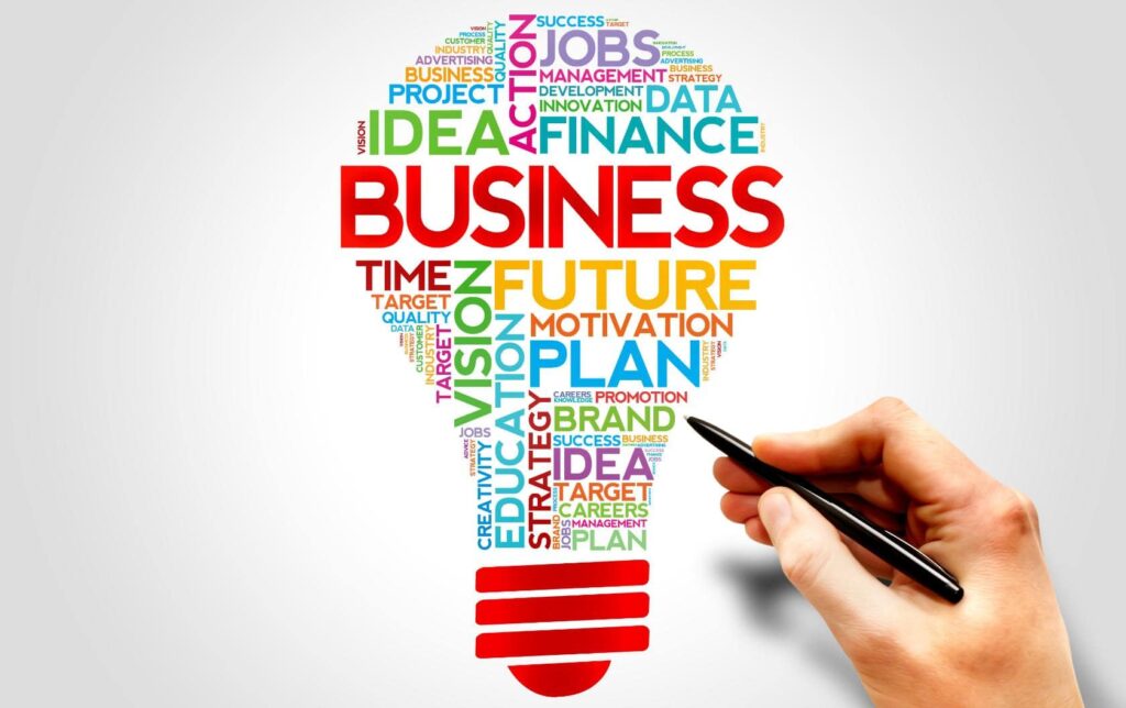 A business owner drawing a graphic of a lightbulb full of business buzzwords as they use CPQ software in their small business that has integrated with salesforce.